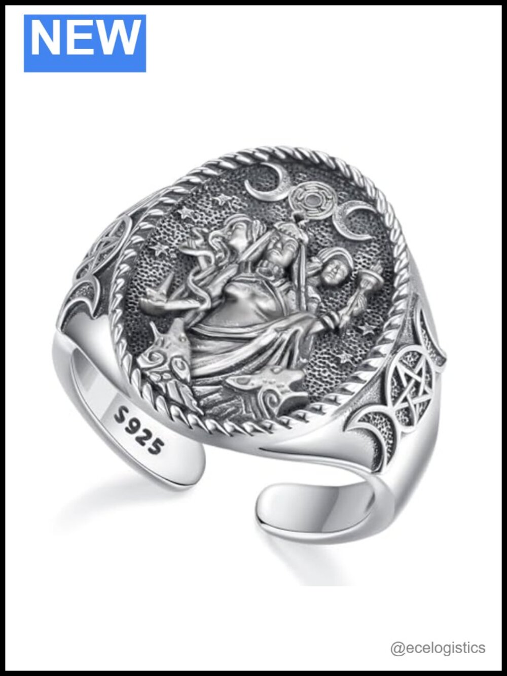 925 Sterling Silver Adjustable Open Band Ring Triple Moon Goddess